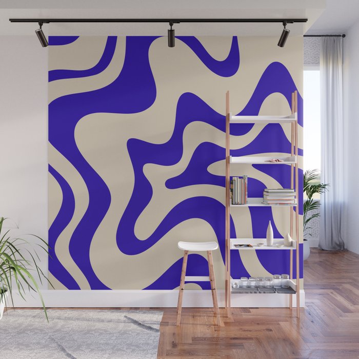 Retro Liquid Swirl Abstract Pattern Square in Beige and Cobalt Blue Wall Mural Gallery Image 1