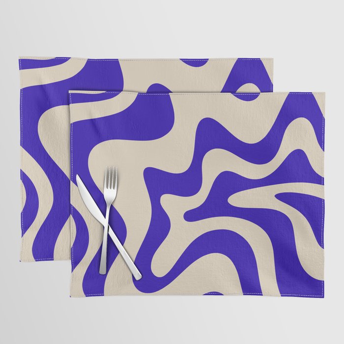 Retro Liquid Swirl Abstract Pattern Square in Beige and Cobalt Blue Placemat Gallery Image 1