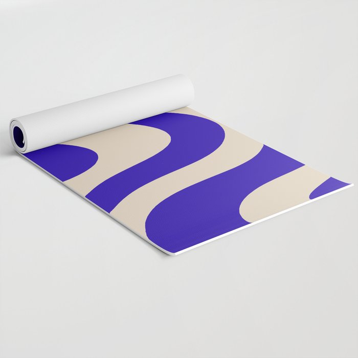 Retro Liquid Swirl Abstract Pattern Square in Beige and Cobalt Blue Yoga Mat Gallery Image 2