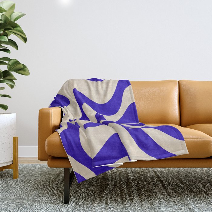 Retro Liquid Swirl Abstract Pattern Square in Beige and Cobalt Blue Throw Blanket Gallery Image 1