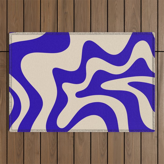 Retro Liquid Swirl Abstract Pattern Square in Beige and Cobalt Blue Outdoor Rug Gallery Image 1