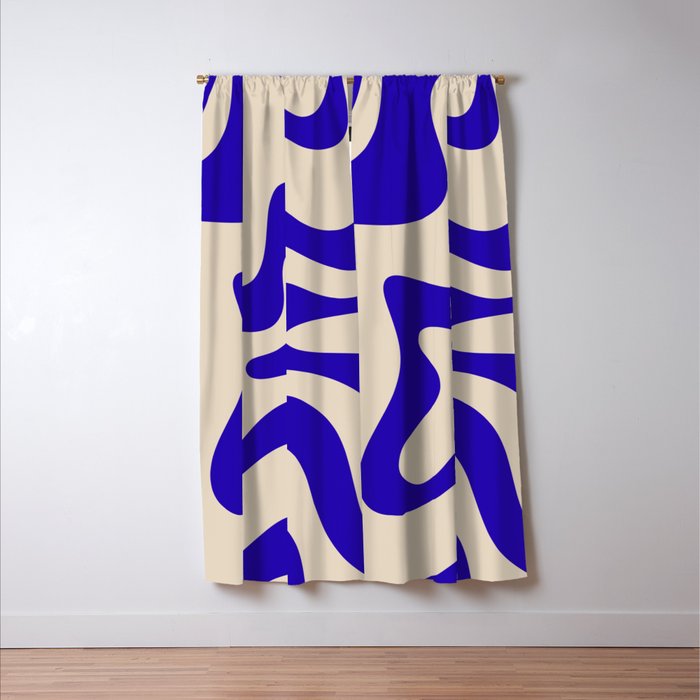 Retro Liquid Swirl Abstract Pattern Square in Beige and Cobalt Blue Window Curtain Gallery Image 3