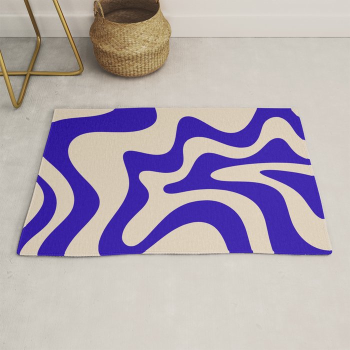 Retro Liquid Swirl Abstract Pattern Square in Beige and Cobalt Blue Rug Gallery Image 1