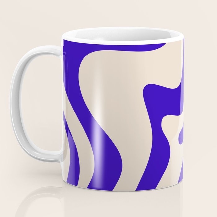 Retro Liquid Swirl Abstract Pattern Square in Beige and Cobalt Blue Coffee Mug Gallery Image 3