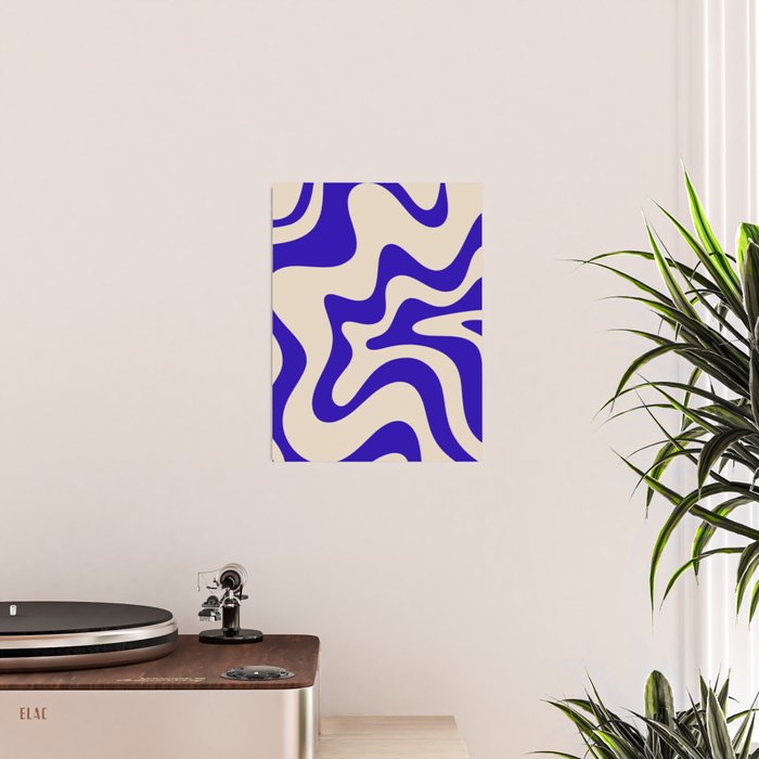Retro Liquid Swirl Abstract Pattern Square in Beige and Cobalt Blue Poster Gallery Image 2