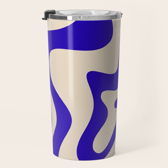 Retro Liquid Swirl Abstract Pattern Square in Beige and Cobalt Blue Travel Mug Gallery Image 3