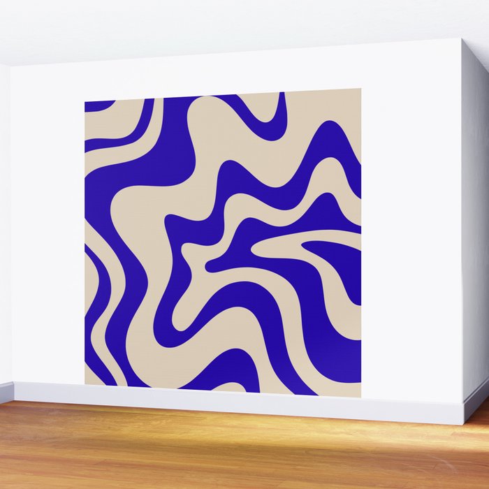 Retro Liquid Swirl Abstract Pattern Square in Beige and Cobalt Blue Wall Mural Gallery Image 2