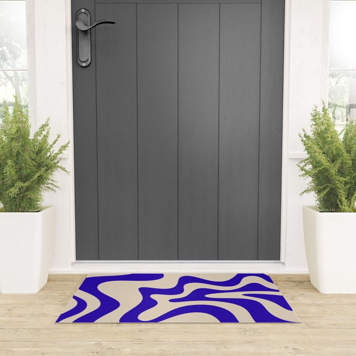Retro Liquid Swirl Abstract Pattern Square in Beige and Cobalt Blue Welcome Mat Gallery Image 3