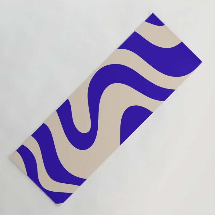 Retro Liquid Swirl Abstract Pattern Square in Beige and Cobalt Blue Yoga Mat Gallery Image 1