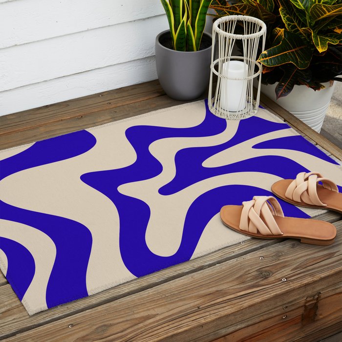 Retro Liquid Swirl Abstract Pattern Square in Beige and Cobalt Blue Outdoor Rug Gallery Image 2