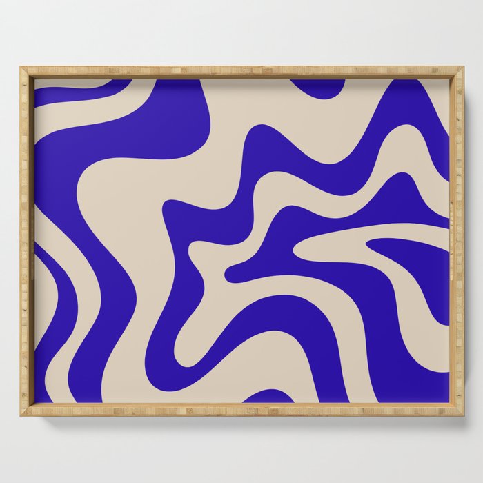 Retro Liquid Swirl Abstract Pattern Square in Beige and Cobalt Blue Serving Tray Gallery Image 1
