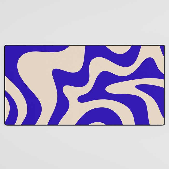 Retro Liquid Swirl Abstract Pattern Square in Beige and Cobalt Blue Desk Mat Gallery Image 3