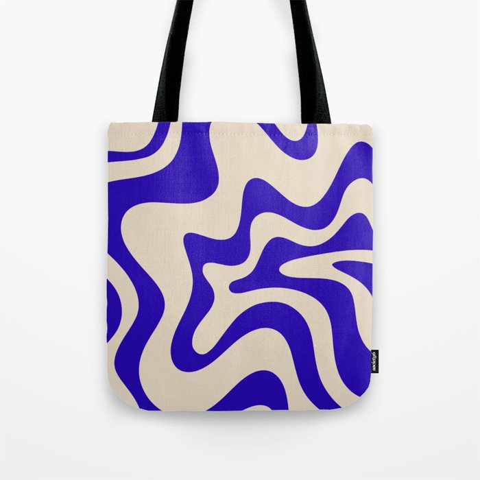 Retro Liquid Swirl Abstract Pattern Square in Beige and Cobalt Blue Tote Bag Gallery Image 1