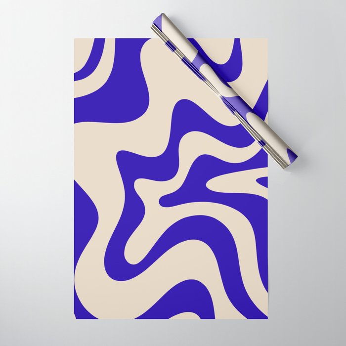 Retro Liquid Swirl Abstract Pattern Square in Beige and Cobalt Blue Wrapping Paper Gallery Image 1