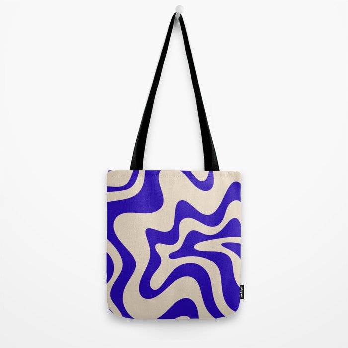Retro Liquid Swirl Abstract Pattern Square in Beige and Cobalt Blue Tote Bag Gallery Image 2