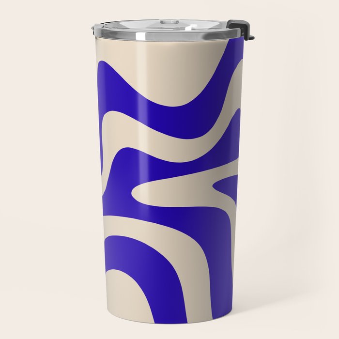 Retro Liquid Swirl Abstract Pattern Square in Beige and Cobalt Blue Travel Mug Gallery Image 2