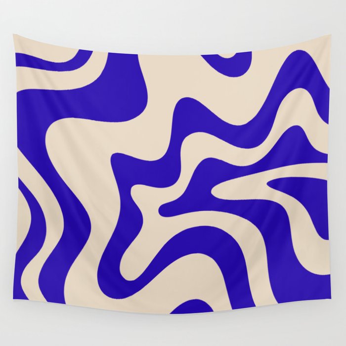 Retro Liquid Swirl Abstract Pattern Square in Beige and Cobalt Blue Wall Tapestry Gallery Image 1