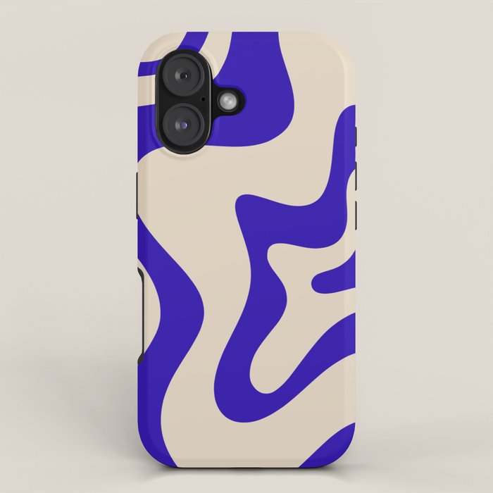 Retro Liquid Swirl Abstract Pattern Square in Beige and Cobalt Blue iPhone Case Gallery Image 1