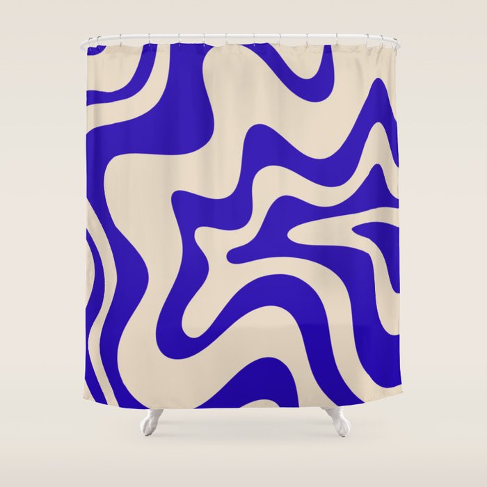 Retro Liquid Swirl Abstract Pattern Square in Beige and Cobalt Blue Shower Curtain Gallery Image 1
