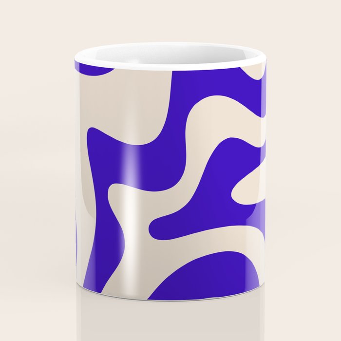 Retro Liquid Swirl Abstract Pattern Square in Beige and Cobalt Blue Coffee Mug Gallery Image 4