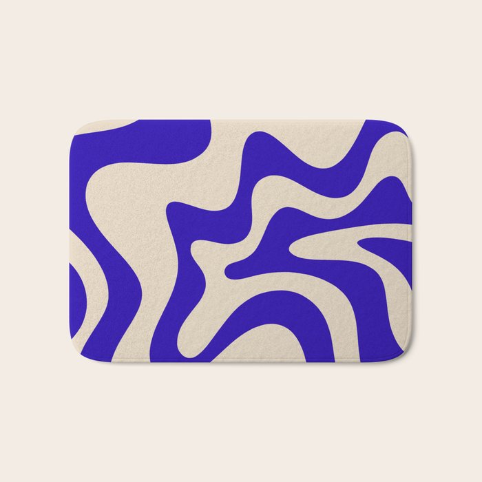 Retro Liquid Swirl Abstract Pattern Square in Beige and Cobalt Blue Bath Mat Gallery Image 1