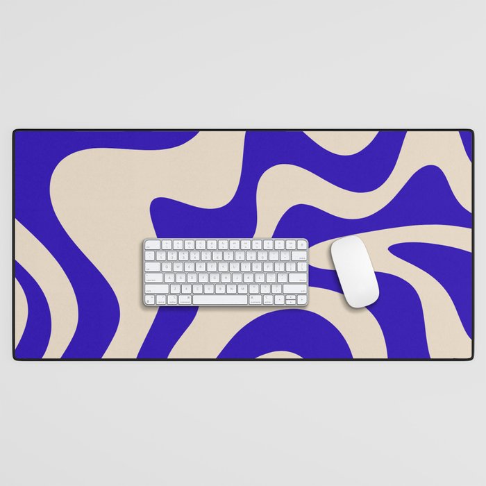Retro Liquid Swirl Abstract Pattern Square in Beige and Cobalt Blue Desk Mat Gallery Image 1