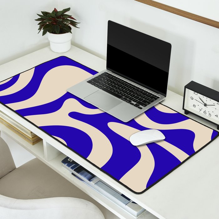 Retro Liquid Swirl Abstract Pattern Square in Beige and Cobalt Blue Desk Mat Gallery Image 2