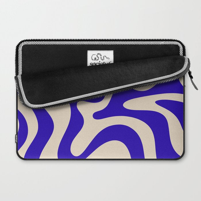 Retro Liquid Swirl Abstract Pattern Square in Beige and Cobalt Blue Laptop Sleeve Gallery Image 2