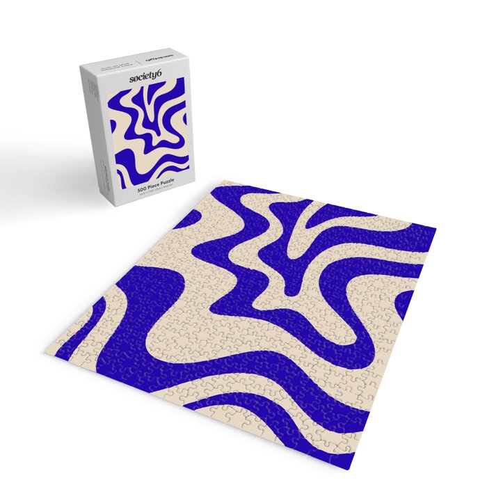 Retro Liquid Swirl Abstract Pattern Square in Beige and Cobalt Blue Jigsaw Puzzle Gallery Image 2