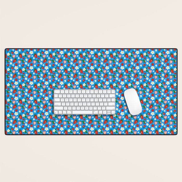 Strawberries Galore Pattern On Blue Desk Mat Gallery Image 1
