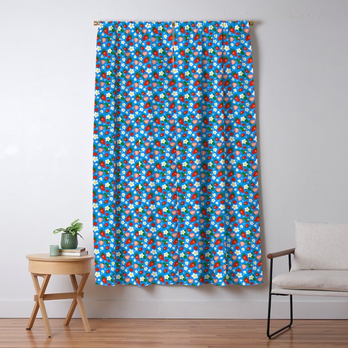 Strawberries Galore Pattern On Blue Window Curtain Gallery Image 1