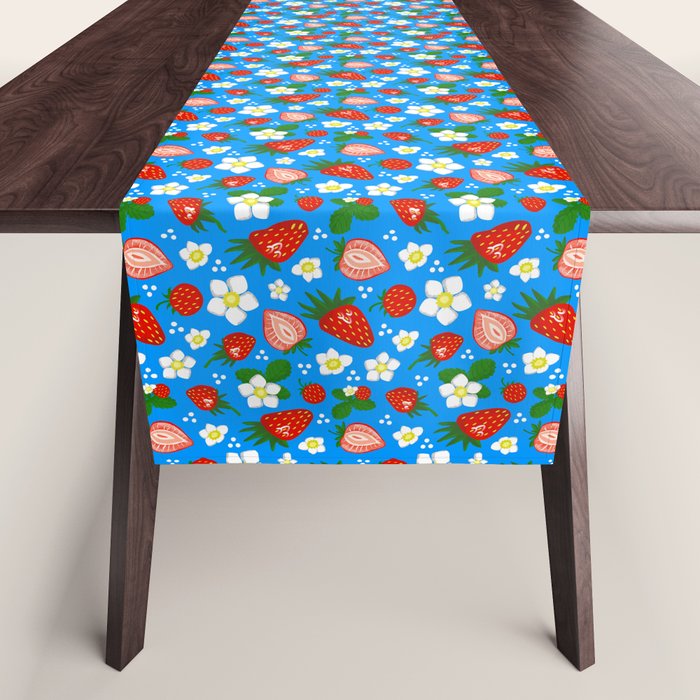 Strawberries Galore Pattern On Blue Table Runner Gallery Image 1
