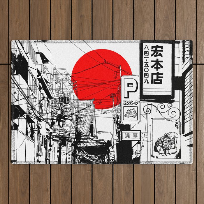 Tokyo street sunrise Outdoor Rug Gallery Image 1