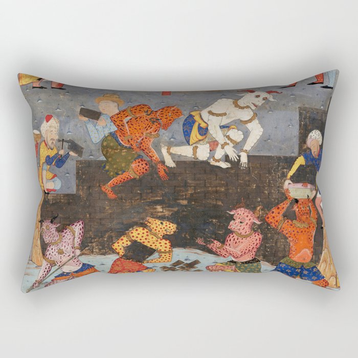 Iskandar (Alexander) builds a wall against Gog and Magog Islamic Antique Art Rectangular Pillow Gallery Image 2