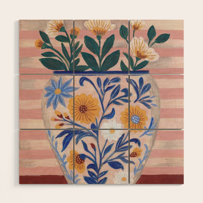 Still life pastel colours flowered pot with flowers Wood Wall Art Gallery Image 1