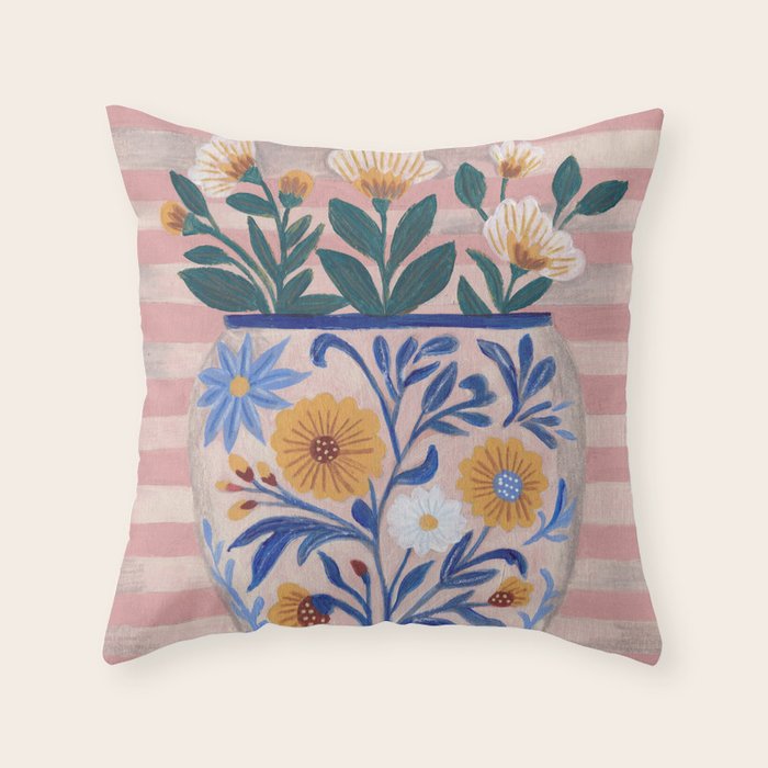 Still life pastel colours flowered pot with flowers Throw Pillow Gallery Image 1