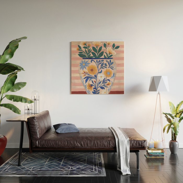 Still life pastel colours flowered pot with flowers Wood Wall Art Gallery Image 2