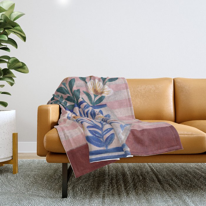 Still life pastel colours flowered pot with flowers Throw Blanket Gallery Image 1