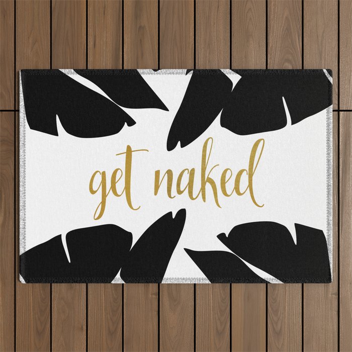 Get Naked Funny, Tropical Palm, Black, White and Gold Outdoor Rug Gallery Image 1