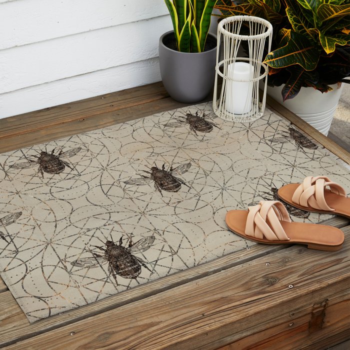 Bumble Bee  on sacred geometry pattern Outdoor Rug Gallery Image 2