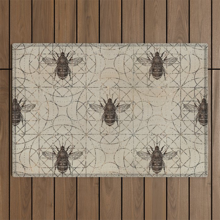 Bumble Bee  on sacred geometry pattern Outdoor Rug Gallery Image 1