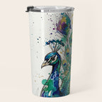 Abstract Peacock Ink and Watercolour Splatter Art Print Travel Mug Gallery Image 3