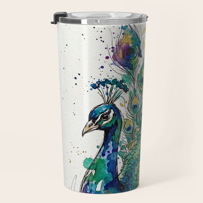 Abstract Peacock Ink and Watercolour Splatter Art Print Travel Mug Gallery Image 3