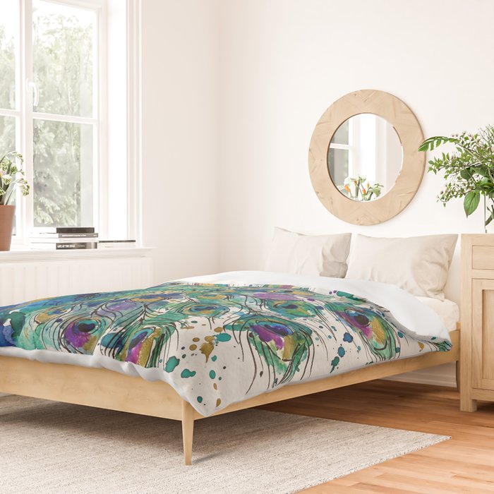 Abstract Peacock Ink and Watercolour Splatter Art Print Duvet Cover Gallery Image 2