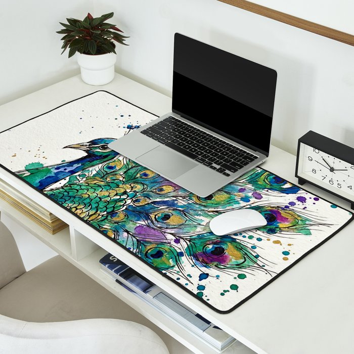 Abstract Peacock Ink and Watercolour Splatter Art Print Desk Mat Gallery Image 2
