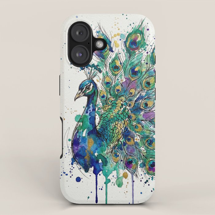 Abstract Peacock Ink and Watercolour Splatter Art Print iPhone Case Gallery Image 1