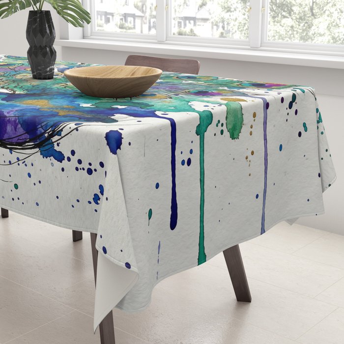 Abstract Peacock Ink and Watercolour Splatter Art Print Tablecloth Gallery Image 3