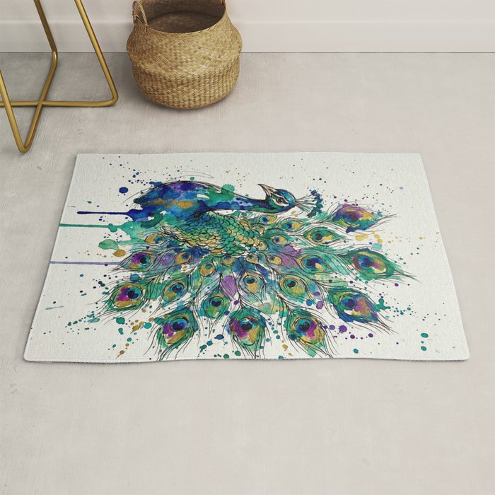 Abstract Peacock Ink and Watercolour Splatter Art Print Rug Gallery Image 1