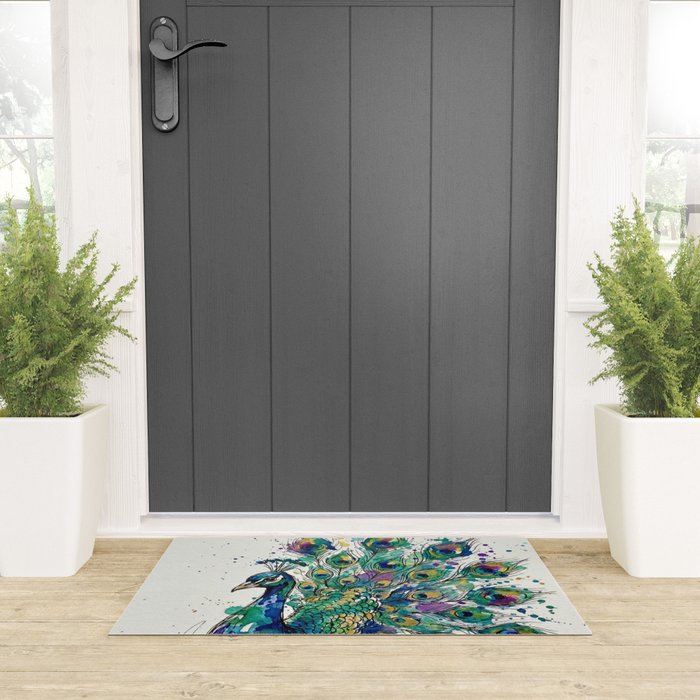Abstract Peacock Ink and Watercolour Splatter Art Print Welcome Mat Gallery Image 3