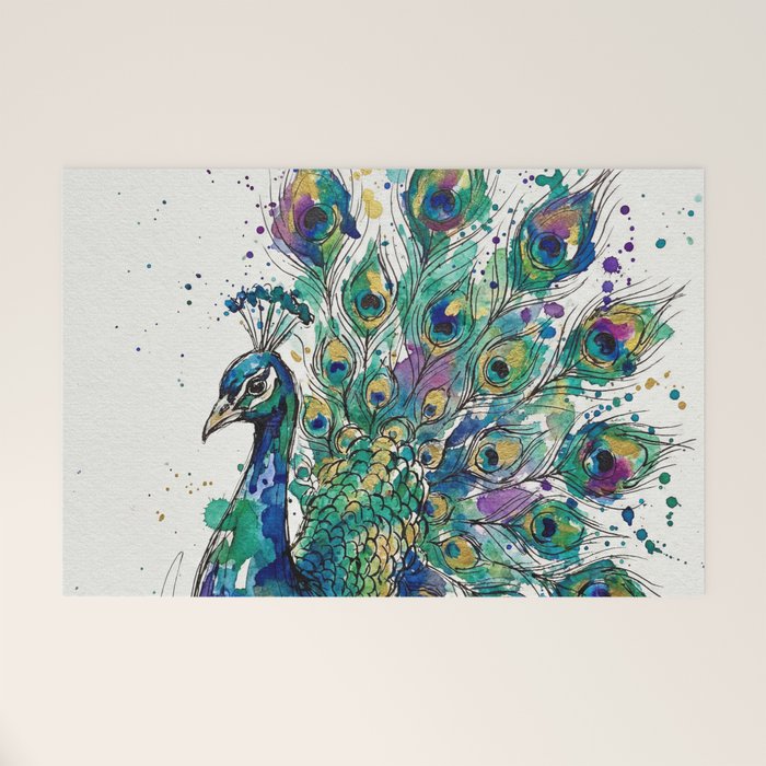 Abstract Peacock Ink and Watercolour Splatter Art Print Welcome Mat Gallery Image 1